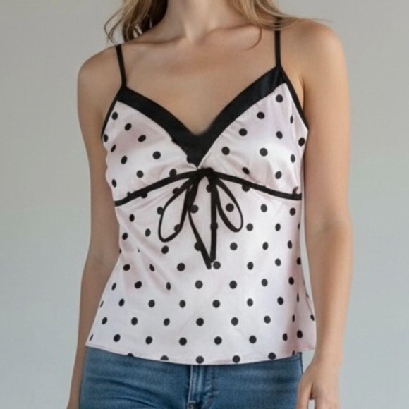 Y2K Pink Polka Dot Bow Cami XS Coquette Babydoll Balletcore Satin Tank Spring - Picture 6 of 6